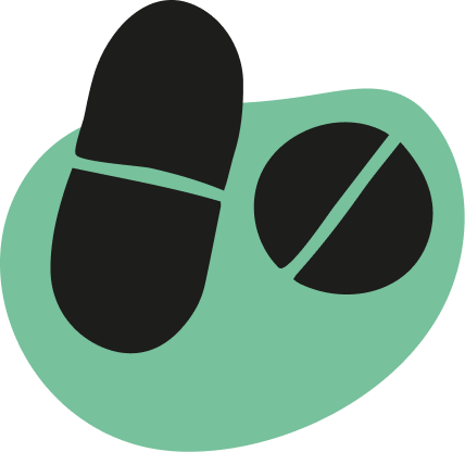 An illustration of a capsule and pill on a green background.