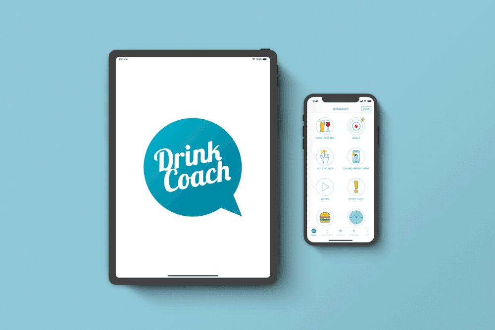 A moving image showing the Drink Coach app open on a mobile and tablet device.