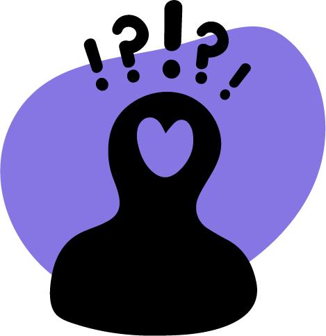 An abstract illustration of a person with question and exclamation marks above their head.