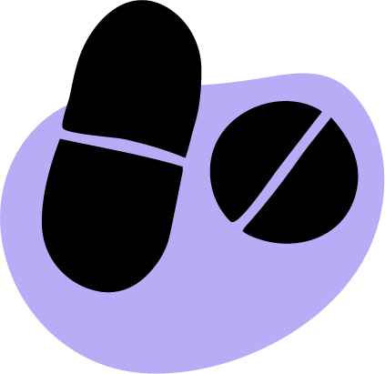 An illustration of a capsule and pill on a purple background.