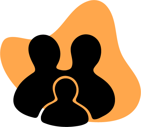 An abstract illustration of a family together, on an orange background.