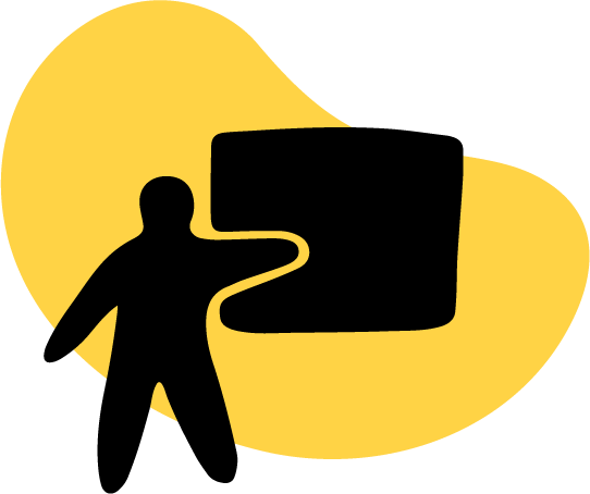 An abstract illustration of a person in front of a sign or board, on a yellow background