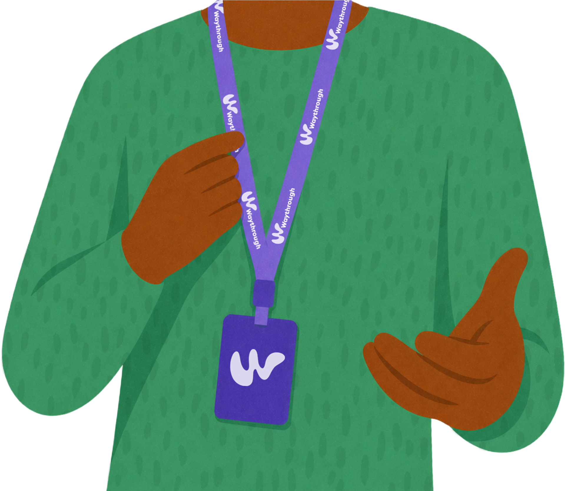 A graphic of a person's torso. They are wearing a Waythrough lanyard and gesturing as if in conversation